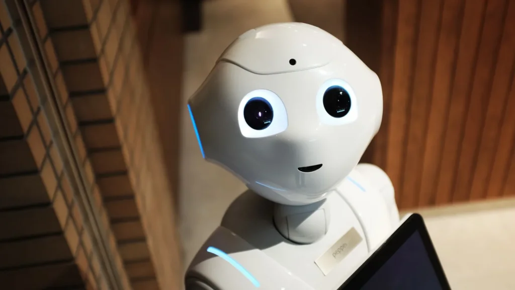 Friendly humanoid robot representing an AI receptionist